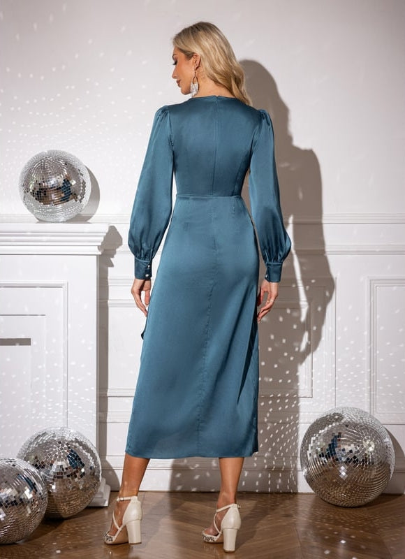Robe Moulante Satinée Bleu Canard - gallery 1