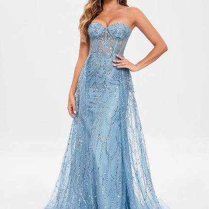 Robe Moulante En Tulle Bleu Pailleté