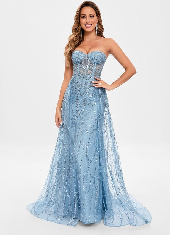 Robe Moulante En Tulle Bleu Pailleté