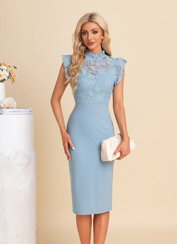 Robe Moulante Dentelle Bleu Pâle - gallery 5