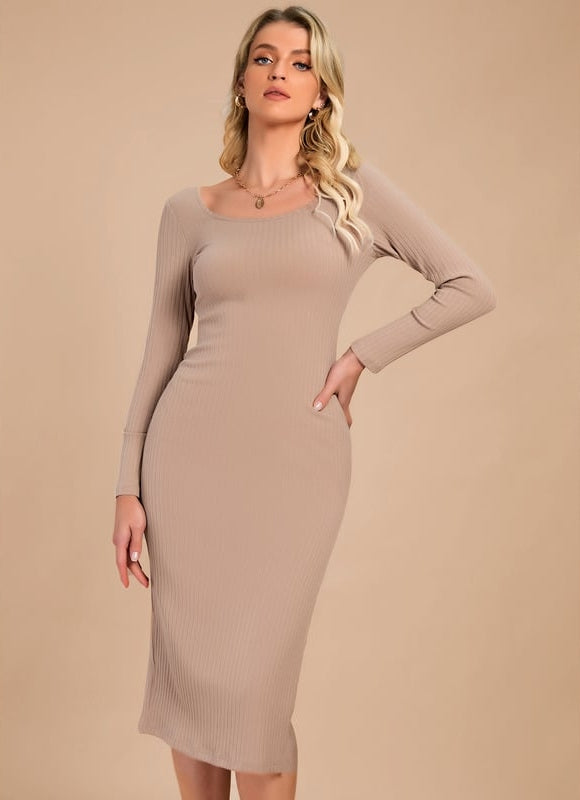 Robe Moulante Beige Côtelée - gallery 4