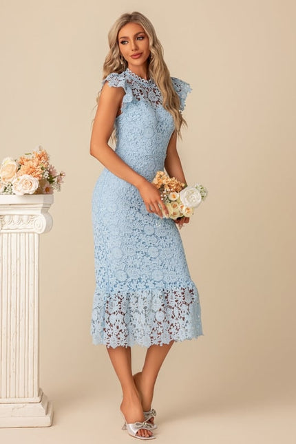 Robe Moulante En Dentelle Bleue - gallery 6