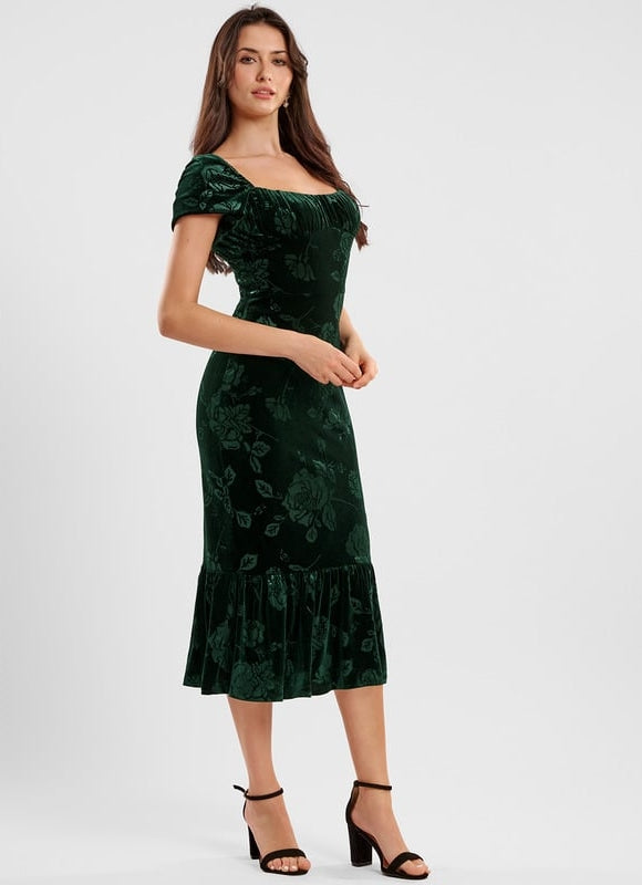 Robe Moulante Velours Émeraude Florale - gallery 3