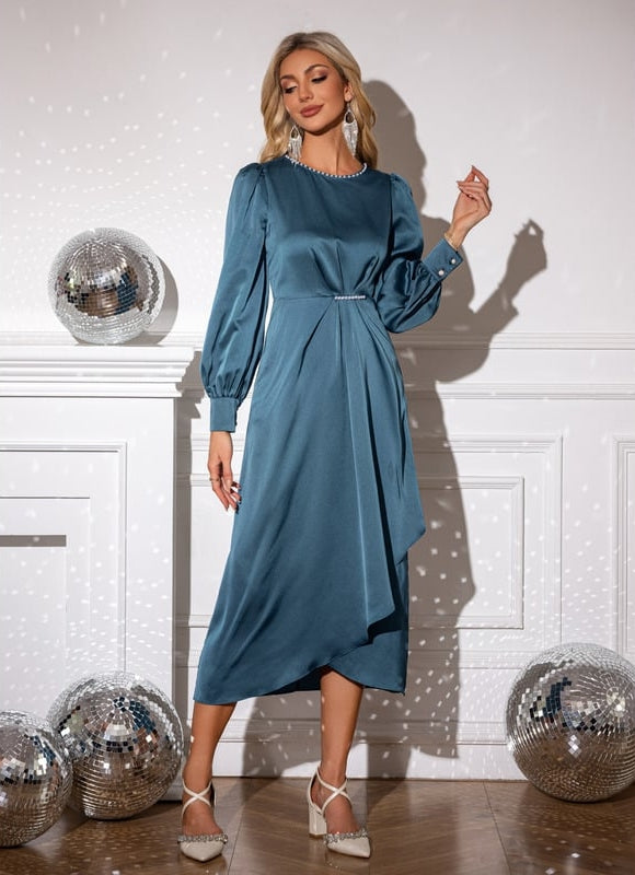 Robe Moulante Satinée Bleu Canard - gallery 5