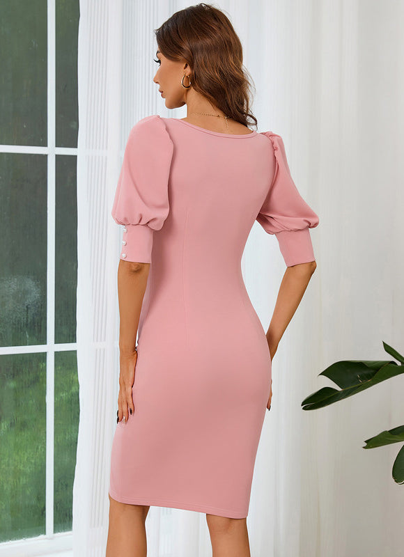 Robe Moulante Midi Bouffante Rose - gallery 4