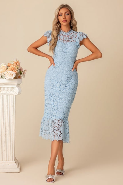 Robe Moulante En Dentelle Bleue - gallery 1