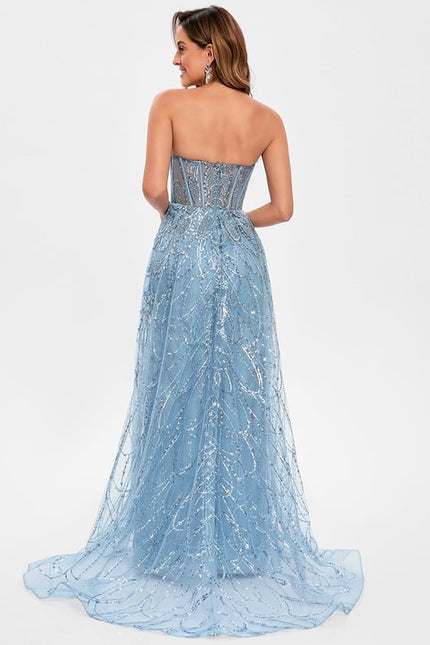 Robe Moulante En Tulle Bleu Pailleté - gallery 6