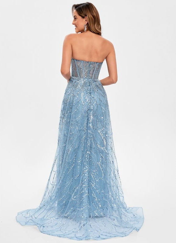 Robe Moulante En Tulle Bleu Pailleté - gallery 6