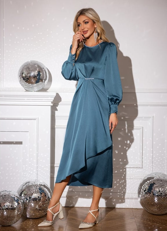 Robe Moulante Satinée Bleu Canard - gallery 6