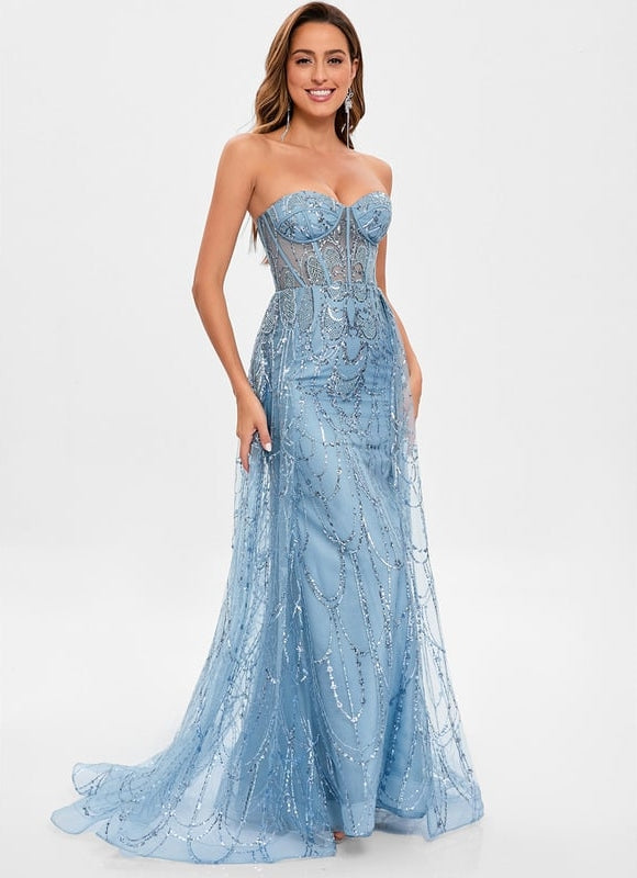 Robe Moulante En Tulle Bleu Pailleté - gallery 1