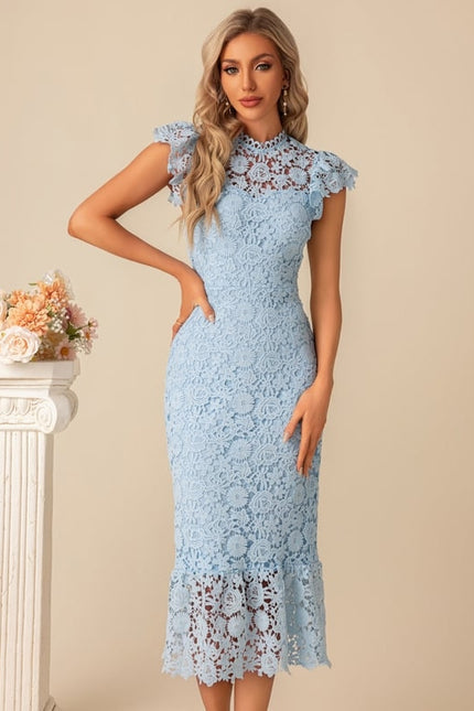 Robe Moulante En Dentelle Bleue - gallery 2