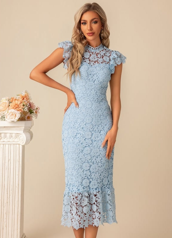 Robe Moulante En Dentelle Bleue - gallery 2