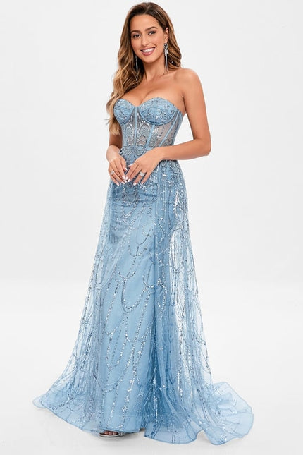 Robe Moulante En Tulle Bleu Pailleté - gallery 3
