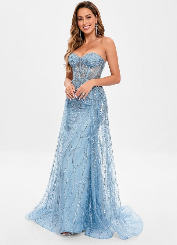 Robe Moulante En Tulle Bleu Pailleté - gallery 3