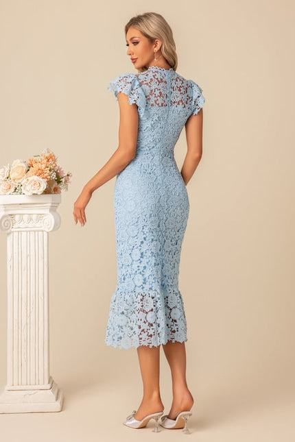 Robe Moulante En Dentelle Bleue - gallery 5