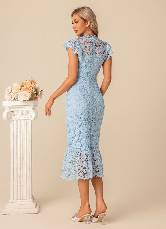 Robe Moulante En Dentelle Bleue - gallery 5