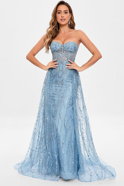 Robe Moulante En Tulle Bleu Pailleté - gallery 2