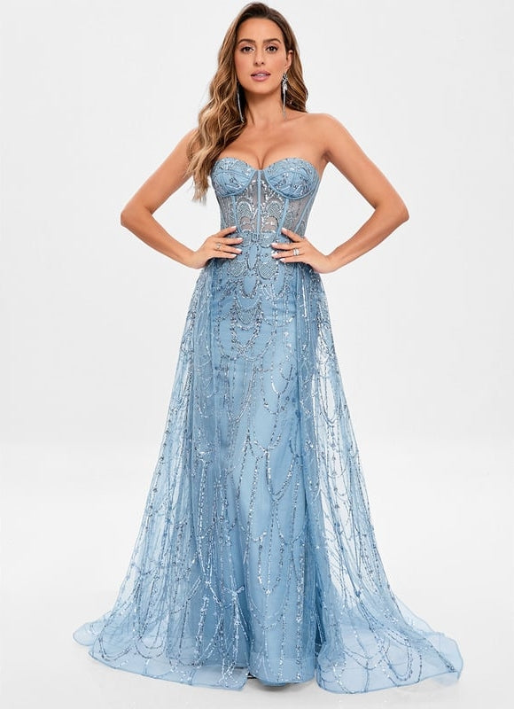 Robe Moulante En Tulle Bleu Pailleté - gallery 2
