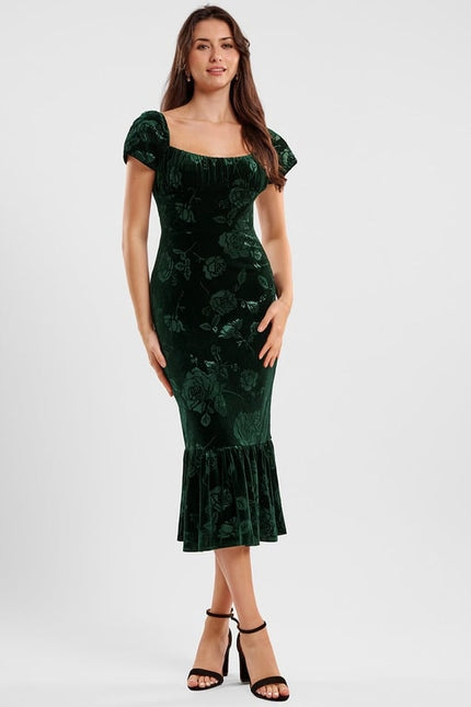 Robe Moulante Velours Émeraude Florale