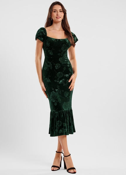 Robe Moulante Velours Émeraude Florale