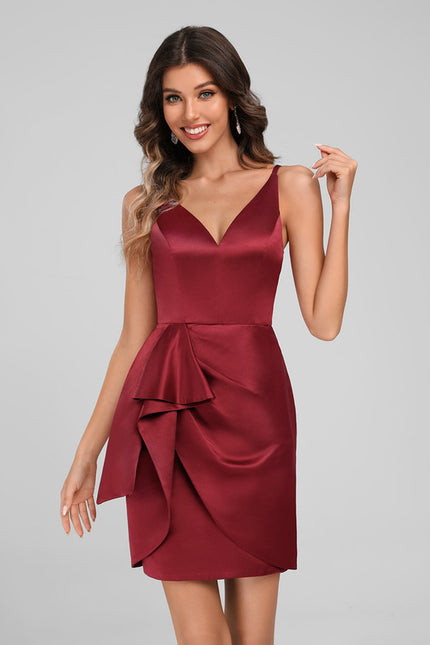 Robe Moulante Satinée Volants Bordeaux