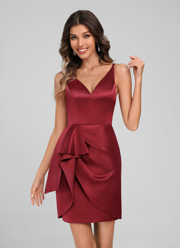 Robe Moulante Satinée Volants Bordeaux