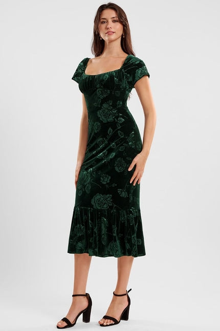 Robe Moulante Velours Émeraude Florale - gallery 2