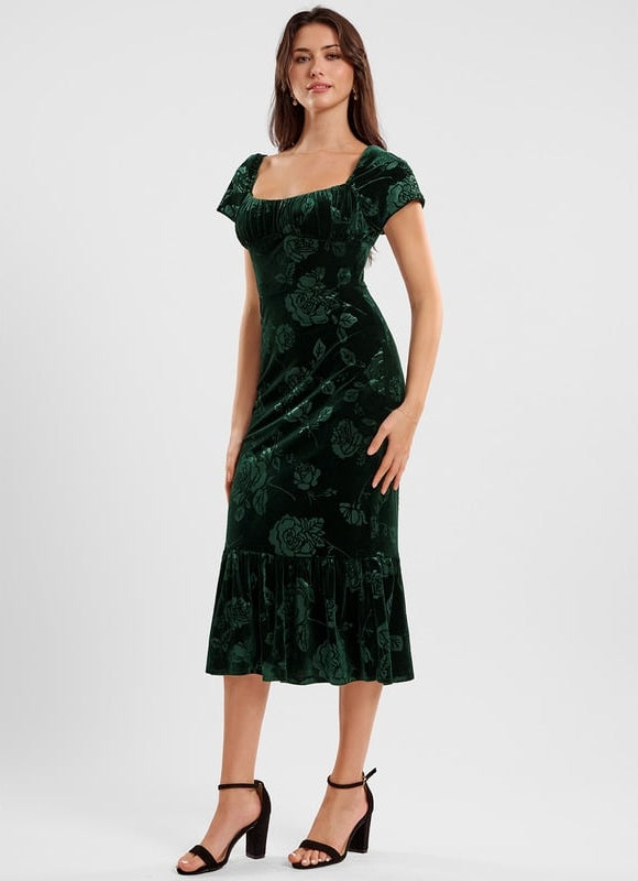 Robe Moulante Velours Émeraude Florale - gallery 2